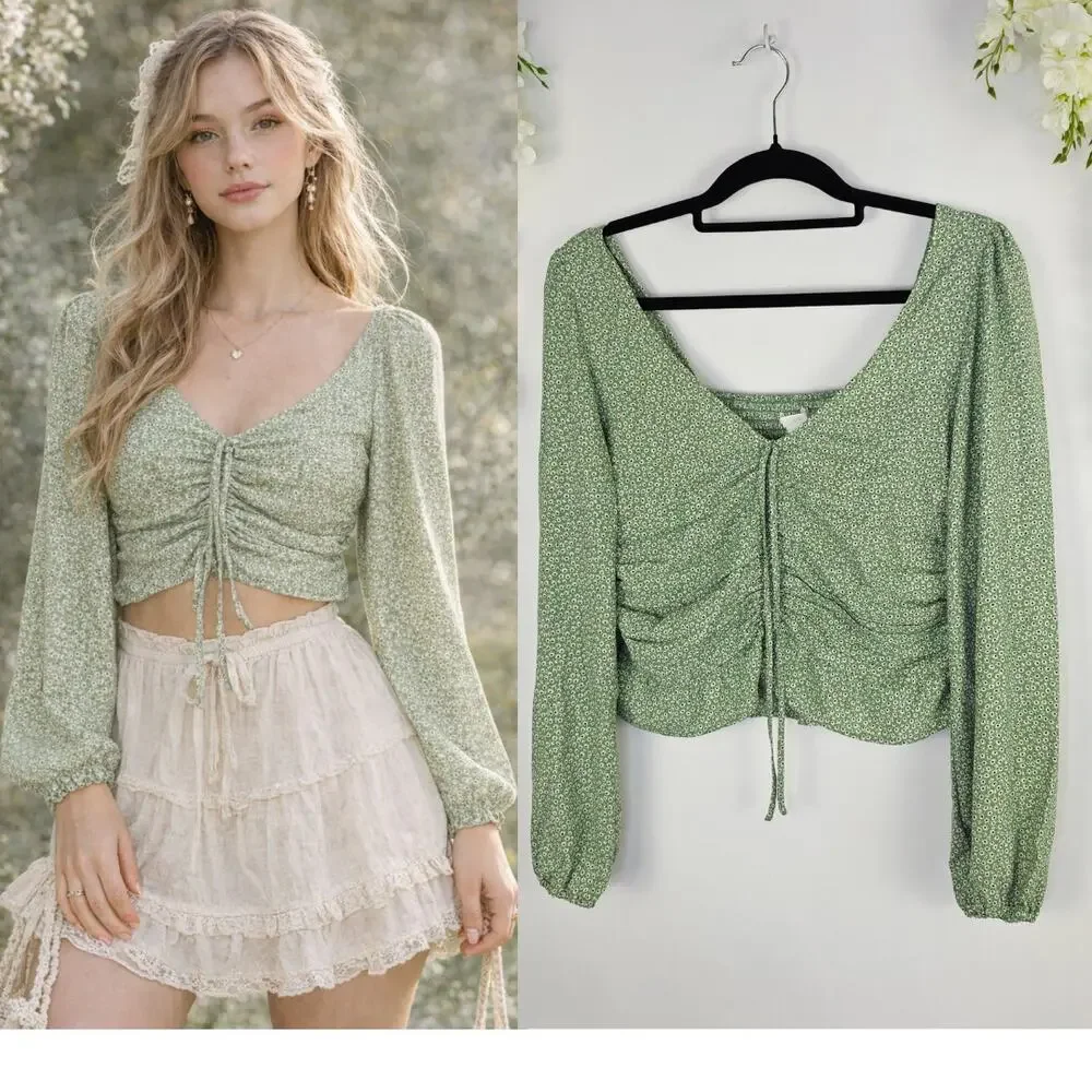 H&M Crop Top Medium Green Floral Ruched Tie Fairy Smocked Cottagecore Boho